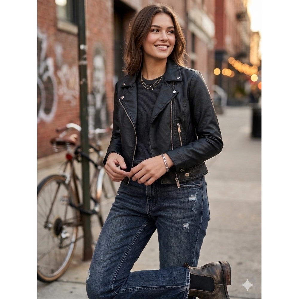 Jaclyn Smith Collection Faux Leather‎ Moto Jacket Black Asymmetric Zip Womens S